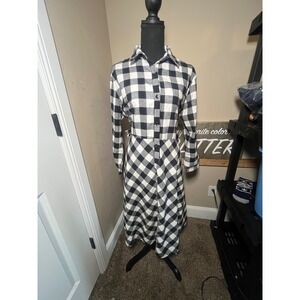 BURLADY Black White Buffalo Plaid Shirt Dress Long Sleeve Belted Midi